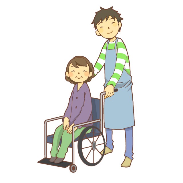 介護スタッフさんと車椅子に乗る年配女性 無料イラスト素材 素材ラボ