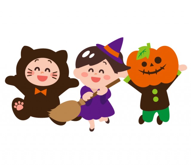 ハロウィンに仮装 黒猫 魔女 カボチャ頭 する子供達３人 無料イラスト素材 素材ラボ