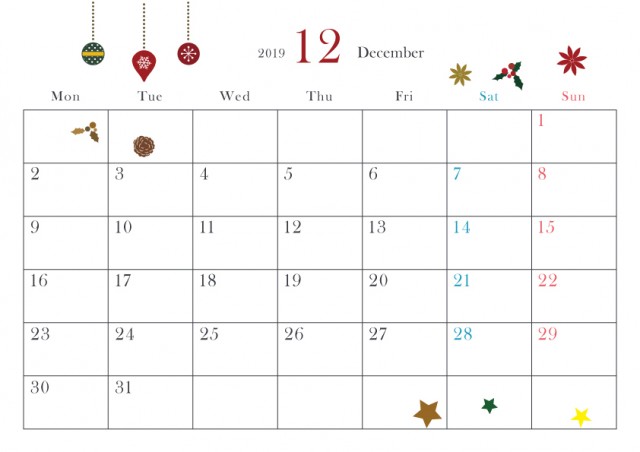 2019年カレンダー 小さ目季節イラスト入り 12月 クリスマス