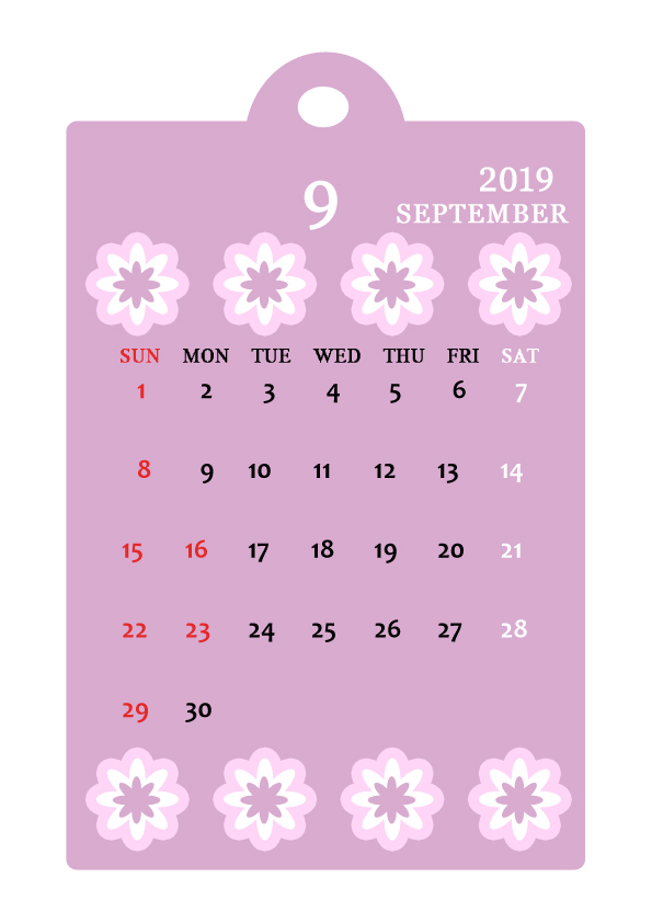 2019年 花とタグのカレンダー 9月 無料イラスト素材 素材ラボ
