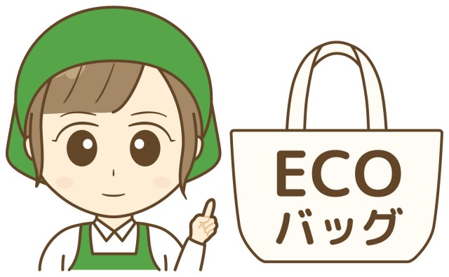 エコバッグ使用をすすめるエプロン姿の女性 Eco マイバッグ 買い物袋