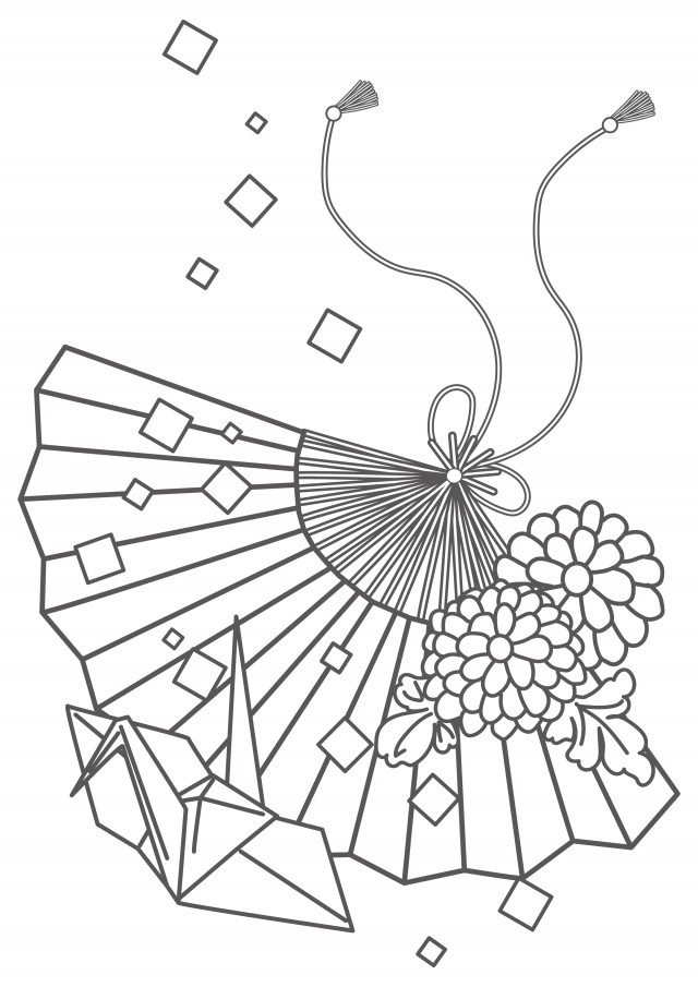 ぬりえ 折り鶴と扇子と花 無料イラスト素材 素材ラボ