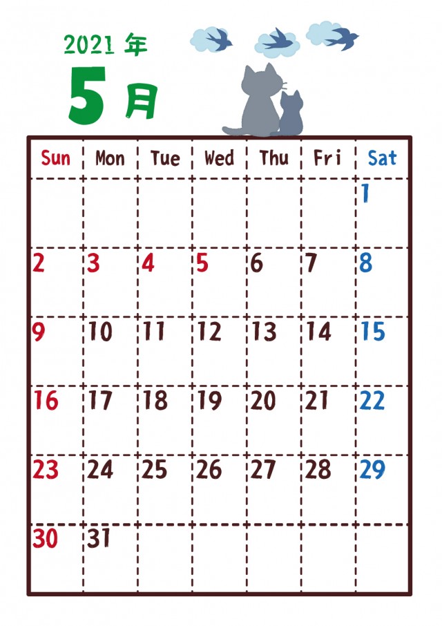 21年カレンダー 5月 ツバメと猫 無料イラスト素材 素材ラボ