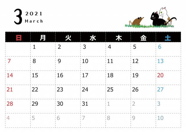 白猫と黒猫の21年 3月 カレンダー 横型 無料イラスト素材 素材ラボ