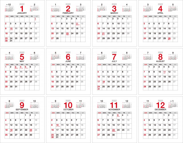 22年 令和4年 年間カレンダー 切って使える 卓上カレンダー 無料イラスト素材 素材ラボ