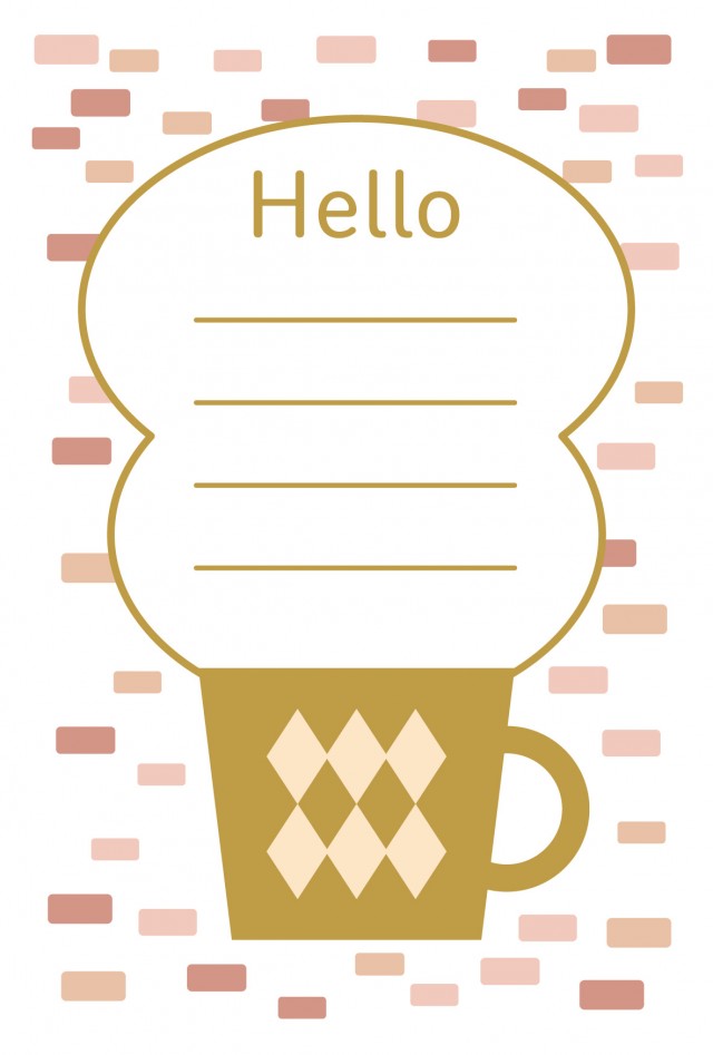 コーヒーカップのイラストがかわいいちょっとした挨拶に使えるhelloのメッセージカード ハガキサイズ縦 無料イラスト素材 素材ラボ